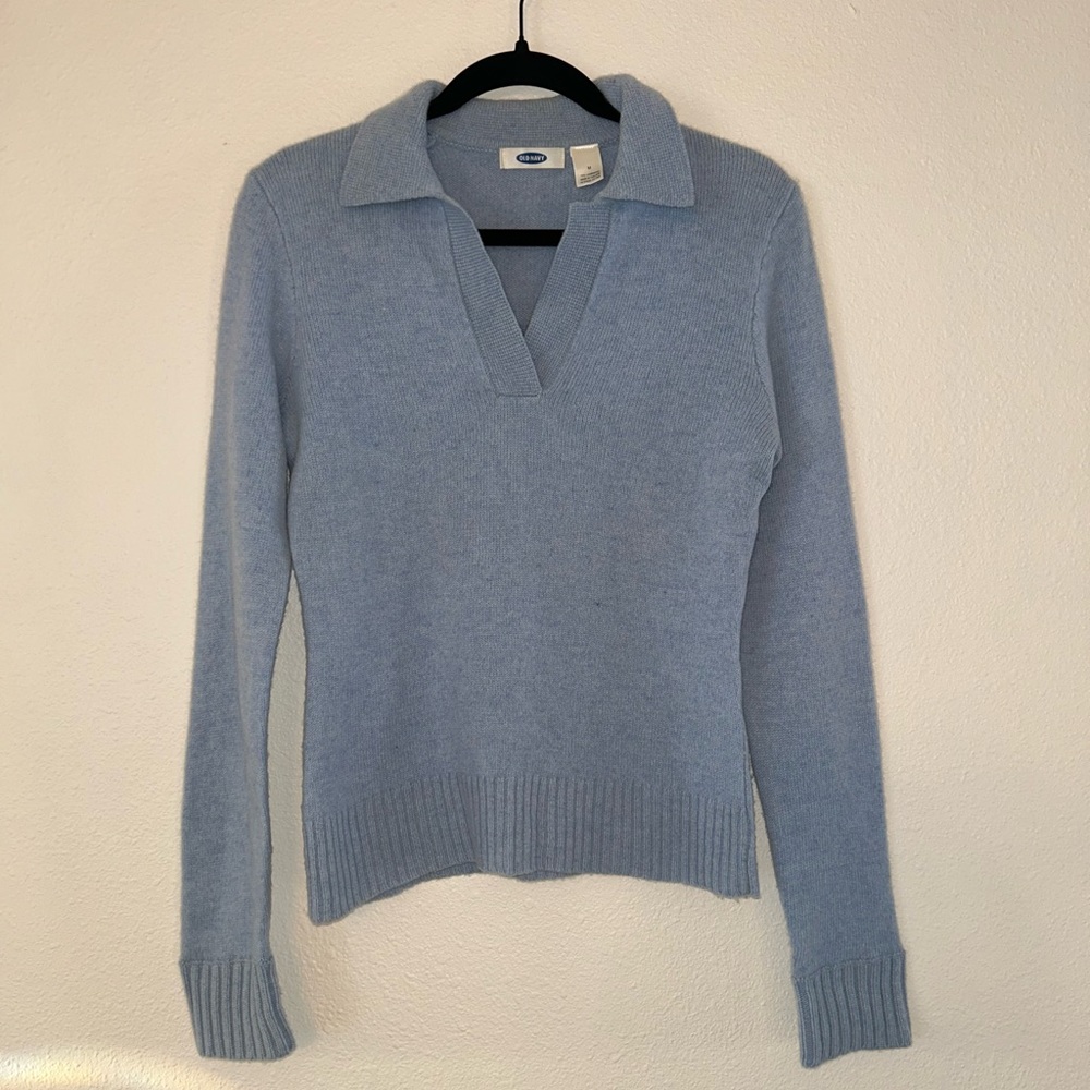 ❄️100% Lambswool Vintage Blue Polo Vneck Sweater